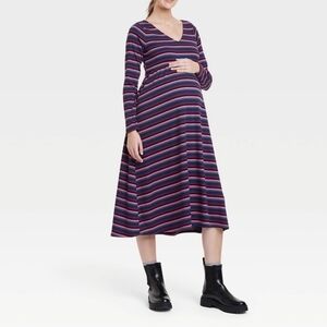 The Nines By Hatch Maternity Dress Midi Pink Multi Stripe Polyester Long Sleeve